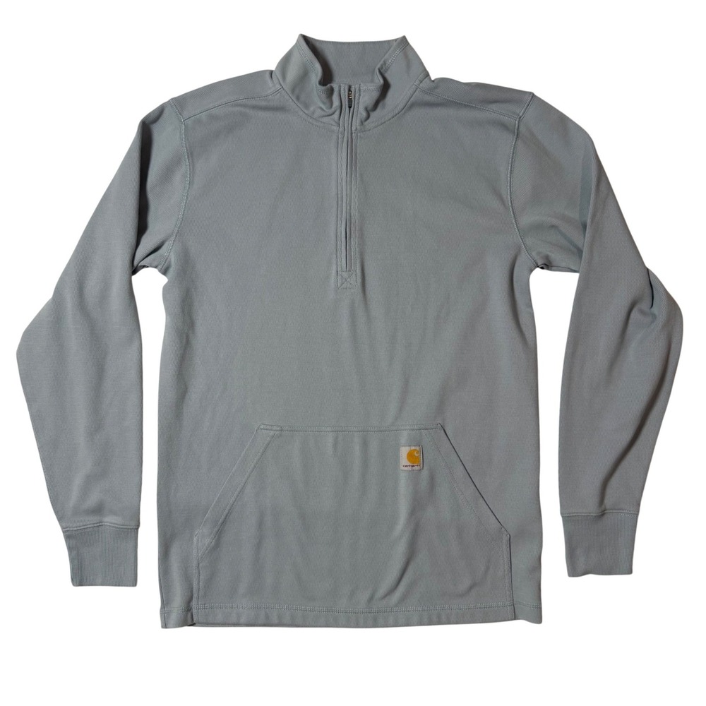 Carhartt Mens Relaxed Fit Quarter Zip Waffle Knit Pullover Blue Grey Size M